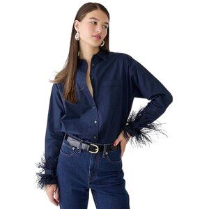 J.Crew Collection NWT Poplin Feather Cuff Trim Blouse Navy Cotton Size
